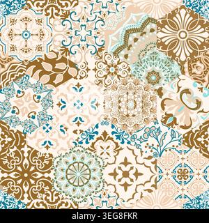 Seamless colorful patchwork tile with Mediterranean motifs. Gaudi mosaic. Ceramic tile in talavera style. Vector illustration Stock Vector