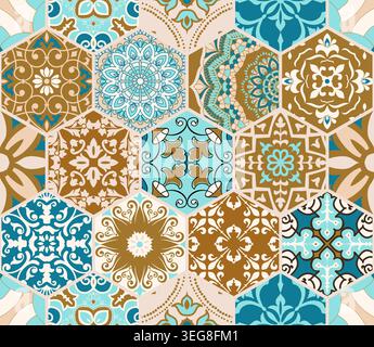Seamless colorful patchwork tile with Mediterranean motifs. Gaudi mosaic. Ceramic tile in talavera style. Vector illustration Stock Vector