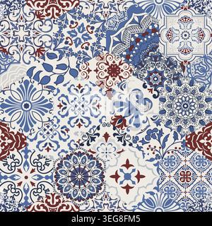 Seamless colorful patchwork tile with Mediterranean motifs. Gaudi mosaic. Ceramic tile in talavera style. Vector illustration Stock Vector