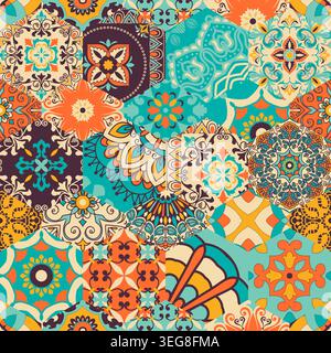 Seamless colorful patchwork tile with Mediterranean motifs. Gaudi mosaic. Ceramic tile in talavera style. Vector illustration Stock Vector
