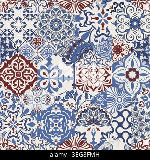 Seamless colorful patchwork tile with Mediterranean motifs. Gaudi mosaic. Ceramic tile in talavera style. Vector illustration Stock Vector
