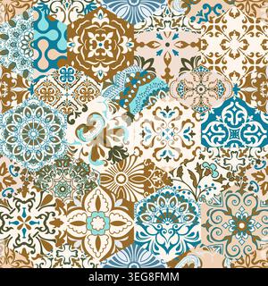 Seamless colorful patchwork tile with Mediterranean motifs. Gaudi mosaic. Ceramic tile in talavera style. Vector illustration Stock Vector