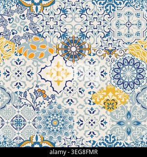 Seamless colorful patchwork tile with Mediterranean motifs. Gaudi mosaic. Ceramic tile in talavera style. Vector illustration Stock Vector