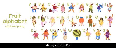 Large horizontal alphabet poster with people and fruits in costumes, fun learning of English letters. Vector illustration Stock Vector