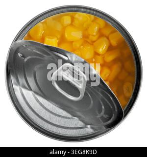 Open can with maize isolated on white Stock Photo