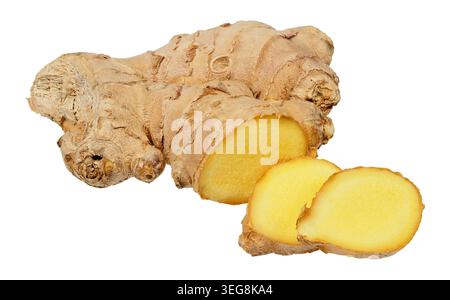 Big ginger root and slices on white background Stock Photo