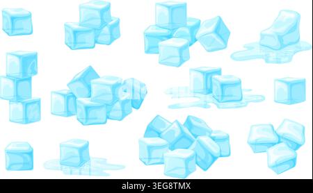 Ice cubes. Melt icecube, frozen water solid block freeze square pieces icy cube stack frosty cocktail summer fresh drink cool cold drop, cartoon realistic neat vector illustration original artwork Stock Vector