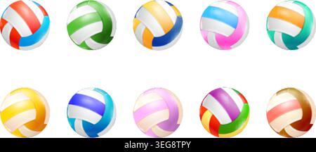 Realistic volleyball. 3d colorful volleyball balls, beach water polo volley sport concept yellow red blue isolated balls handball game render set icon exact vector illustration original artwork Stock Vector