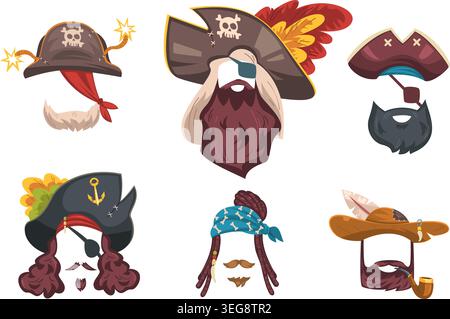 Pirate mask. Pirates face carnival costume, captain hat corsair bandana child disguise beard accessory cartoon avatar funny selfie photo filter character classy vector illustration original artwork Stock Vector