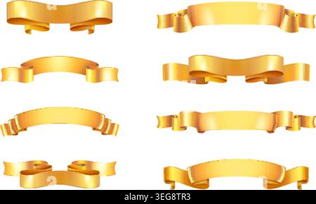 Realistic golden ribbons. 3d gold ribbon, premium award label curve straight banner sale decoration medal luxury shiny badge prize emblem frame isolated exact vector illustration original artwork Stock Vector
