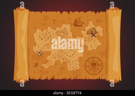 Game treasure map. Pirate treasures old parchment map, island hunt quest vintage paper ancient ship ocean sea nautical compass cross skull boat adventure, kicky vector illustration original artwork Stock Vector