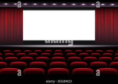 Cinema hall interior. Movie theater hall with red chairs row video screen stage, empty auditorium room film premiere presentation event armchairs seats, kicky vector illustration original artwork Stock Vector
