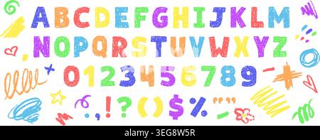 Crayon alphabet font. Hand drawn kids letters, children numbers color text doodle sketch pastel chalk school typography pencil playful handwriting qualitative vector illustration original artwork Stock Vector