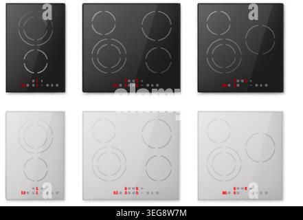 Induction stove. Realistic electric hob, modern ceramic cooktop glass burner hot surface kitchen cook plate flat control panel timer top view isolated 3d garish vector illustration original artwork Stock Vector