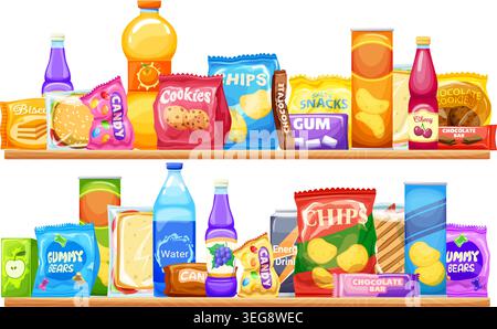 Snacks shelves. Snack shelf grocery food store, supermarket products market shop package candy chocolate bar biscuit cookie pack food soda drink juice ingenious vector illustration original artwork Stock Vector