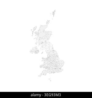 United Kingdom of Great Britain and Northern Ireland political map of administrative divisions - counties, unitary authorities and Greater London in England, districts of Northern Ireland, council areas of Scotland and counties, county boroughs and cities of Wales. Grey handdrawn doodle style map with black outline borders and name labels. Stock Vector