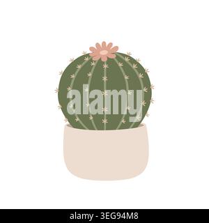 Blooming round cactus in pot illustration. Stock Vector
