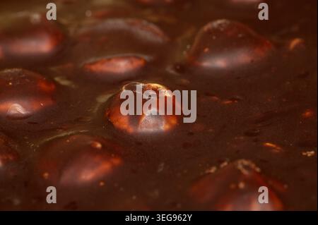 Close-up macro shot of whole hazelnuts submerged in rich melted dark chocolate Stock Photo