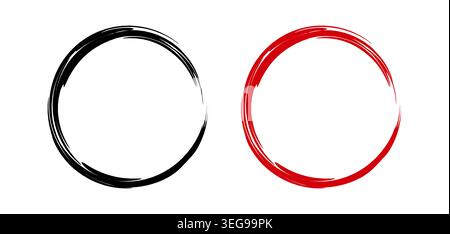 Circle brush stroke Chinese boarder. Red, Black circular border isolated on white background. Japanese frames. Round calligraphy China pattern. Paint Stock Vector