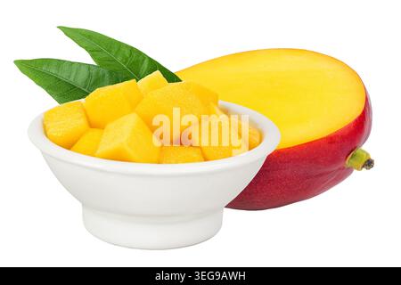 mango diced in ceramic bowl isolated on white background with full depth of field Stock Photo