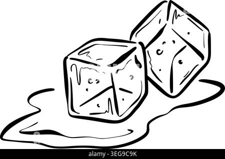 Melted ice cube tower with water puddle. Ice block pyramid in hot temperature. Crayon, pencil, ink, pen, charcoal sketch doodle hand drawn vector illu Stock Vector