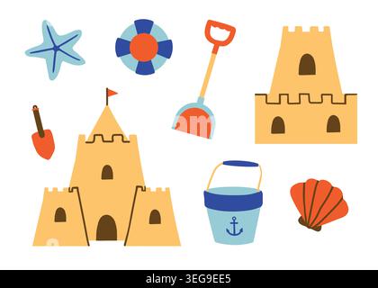 Cute beach sandcastle set with summer toys and sea elements Stock Vector