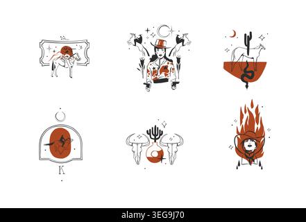 Hand drawn abstract vector graphic clipart illustrations logo set compositions.Wild Western design concept.Bohemian wild west contemporary art.Cowboy Stock Vector