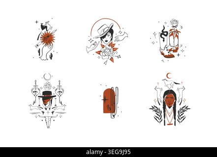 Hand drawn abstract vector graphic clipart illustrations logo set compositions.Wild Western design concept.Bohemian wild west contemporary art.Cowboy Stock Vector