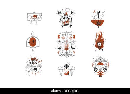 Hand drawn abstract vector graphic clipart illustrations logo set compositions.Wild Western design concept.Bohemian wild west contemporary art.Cowboy Stock Vector