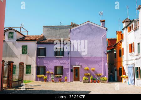 Pastel purple house facade with flower pots and wooden shutters in Burano island, Venice, Italy Stock Photo