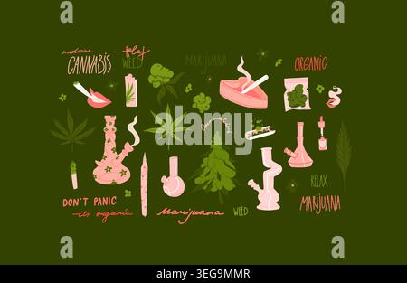 Hand drawn abstract graphic clip art illustration of Medical Marijuana, smoking accessories set.Glass bong for smoking weed.Cannabis and weed Stock Vector