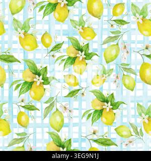 Watercolor Lemon Fruit Seamless Pattern: Hand-Painted Lemons,   Flowers on Light Blue Gingham Checkered Background, Mediterranean Summer Print. Vector Stock Vector