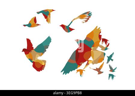 Set Abstraction of flying doves hand drawing. Not AI. Vector illustration Stock Vector