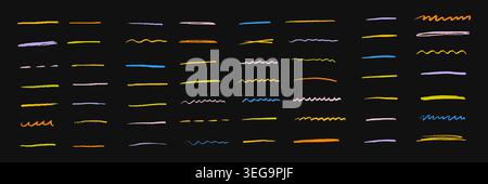 Colorful hand drawn lines with pencil and crayon texture on black background. Creative underline elements for kids, doodles, highlights, school design, decoration and artistic sketches. Stock Vector