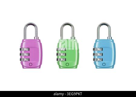 Three colorful combination padlocks in a row isolated on white background. Stock Photo