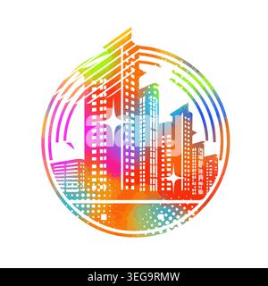 Colorful logo modern city skyline with skyscrapers in flat vector style on white background. Hand drawn Not AI, vector illustration. Stock Vector