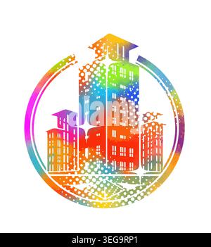 Colorful logo modern city skyline with skyscrapers in flat vector style on white background. Hand drawn Not AI, vector illustration. Stock Vector