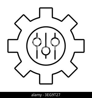 Gear symbol with electronic chip. Vector line illustration. Suitable for industrial automation, smart technology, engineering. Stock Vector