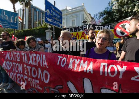 Athens. Greece. 18 May 2026. March to Gaza Demonstration: People chanting slogan behind a banner. Credit: Harris Xanthopoulos | Alamy Live News Stock Photo