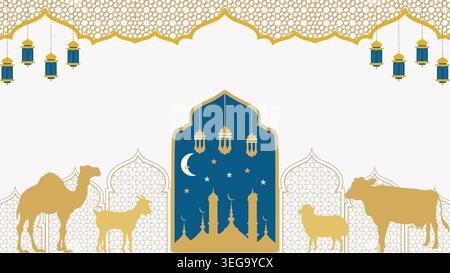 Eid al adha mubarak the celebration of muslim community festival background, banner, greeting design with blue and gold color theme. Silhouette mosque Stock Vector