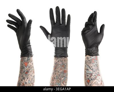 Man showing his tattooed hand on white background, set Stock Photo