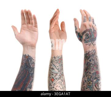 Man showing his tattooed hands on white background, set Stock Photo