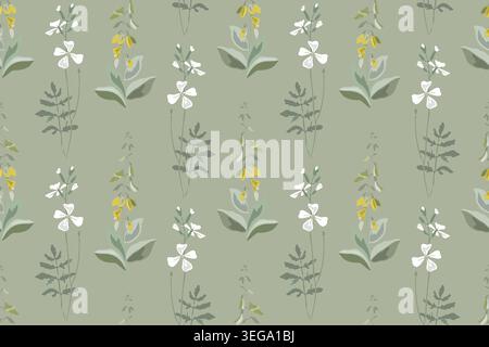 Vector floral seamless pattern with white and yellow flowers, green leaves on a light green background Stock Vector