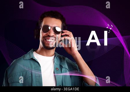Man listening to music generated by artificial intelligence on dark background Stock Photo