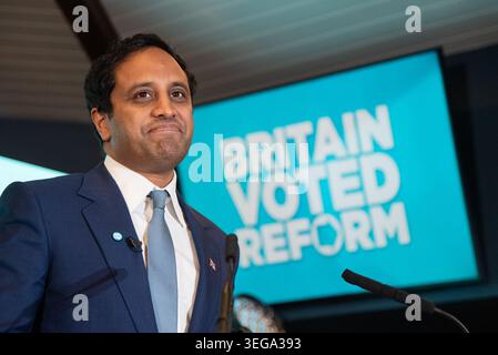 Reform UK's spokesperson for home affairs, Zia Yusuf, speaks at Chelmsford Race Track after sweeping local election victories. Credit: Will Colebourne Stock Photo