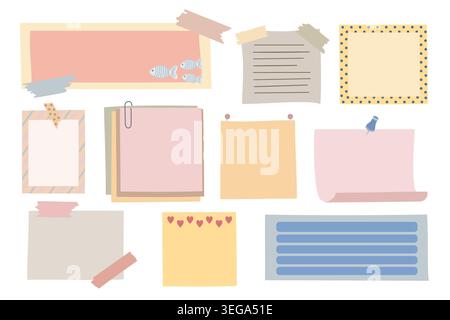 Blank sticky notes and memo pads in soft pastel colors with pieces of adhesive tape set, simple hand drawn design elements for school, office, printable or digital planner design templates Stock Vector