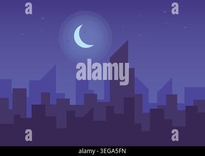 Flat vector illustration of a modern nighttime city skyline with crescent moon, stars, and urban buildings in calm purple tones. Stock Vector