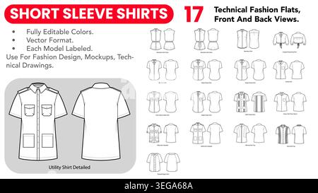 Short Sleeve Shirts collection featuring black and white technical fashion flats with front and back views, outline versions, shirt collars and button front details. Vector illustration Stock Vector