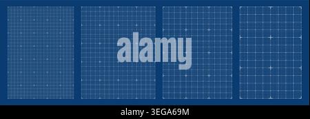 Blueprint grid set micro node cross geometry, four scale variations. Wide medium dense micro spacing comparison, engineering layouts dashboards notebook pages interface planning technology graphics. Stock Vector