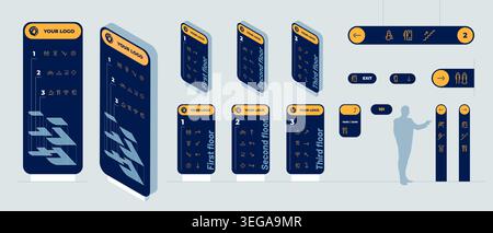 Modern pylon signage mockup set. Isometric totem signboard design corporate identity navigation template. Mall exterior directional wayfinding tower p Stock Vector
